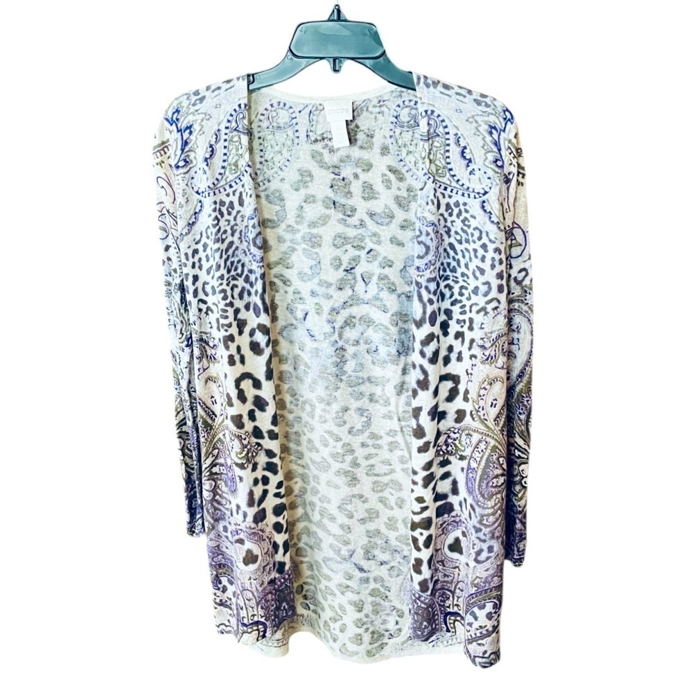 Chico’s linen blend lightweight open front cardigan sweater 4 cream purple gray
